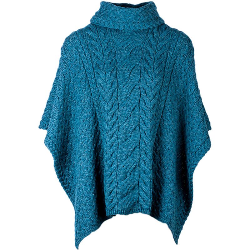Aran Cable Knit Supersoft Wool Poncho Teal Blue Creative Irish Gifts