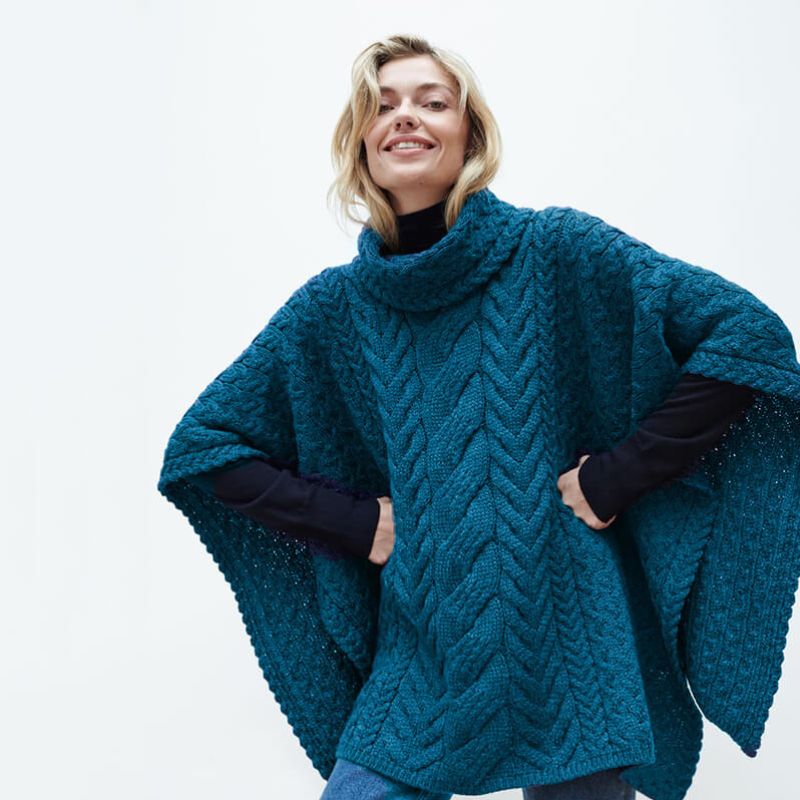 Aran Cable Knit Supersoft Wool Poncho Teal Creative Irish Gifts