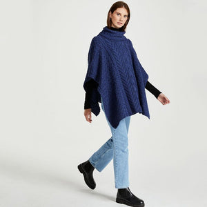 Aran Cable Knit Supersoft Wool Poncho Blue studio Creative Irish Gifts
