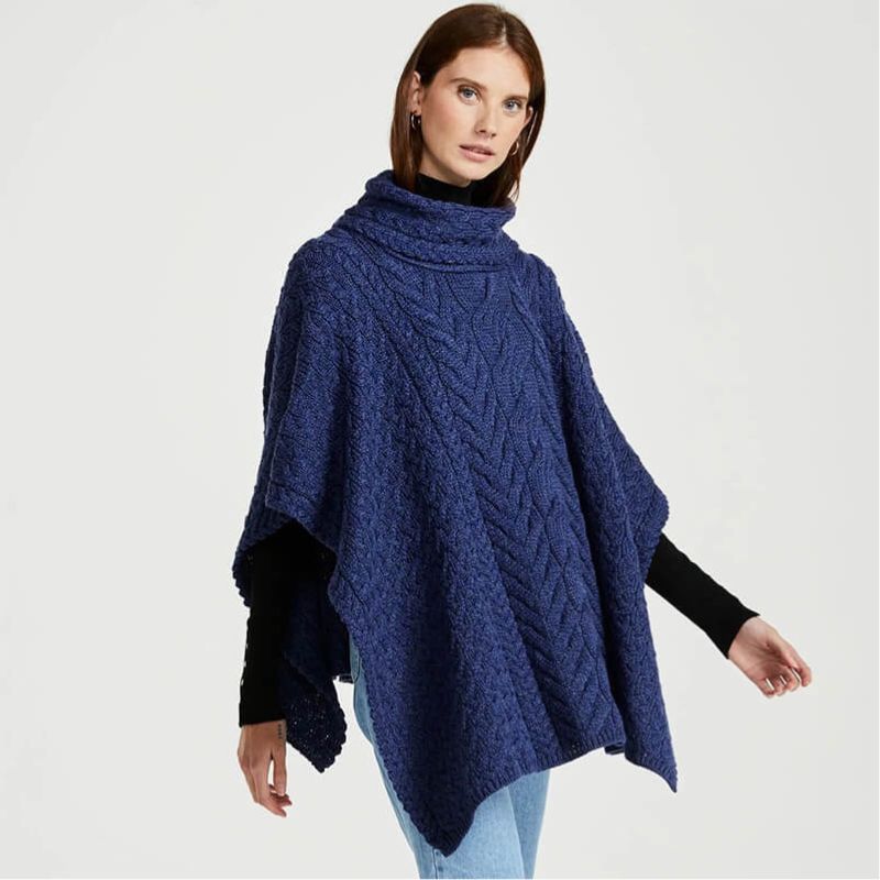 Aran Cable Knit Supersoft Wool Poncho Blue Creative Irish Gifts