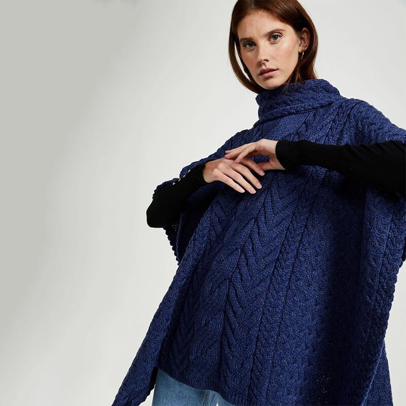 Aran Cable Knit Supersoft Wool Poncho Blue side view Creative Irish Gifts