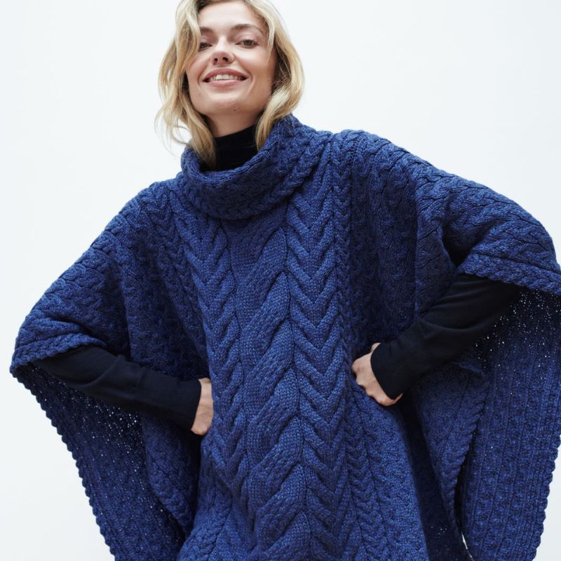 Aran Cable Knit Supersoft Wool Poncho Blue Creative Irish Gifts