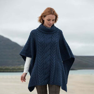 Aran Cable Knit Supersoft Wool Poncho Blue Lifestyle Creative Irish Gifts