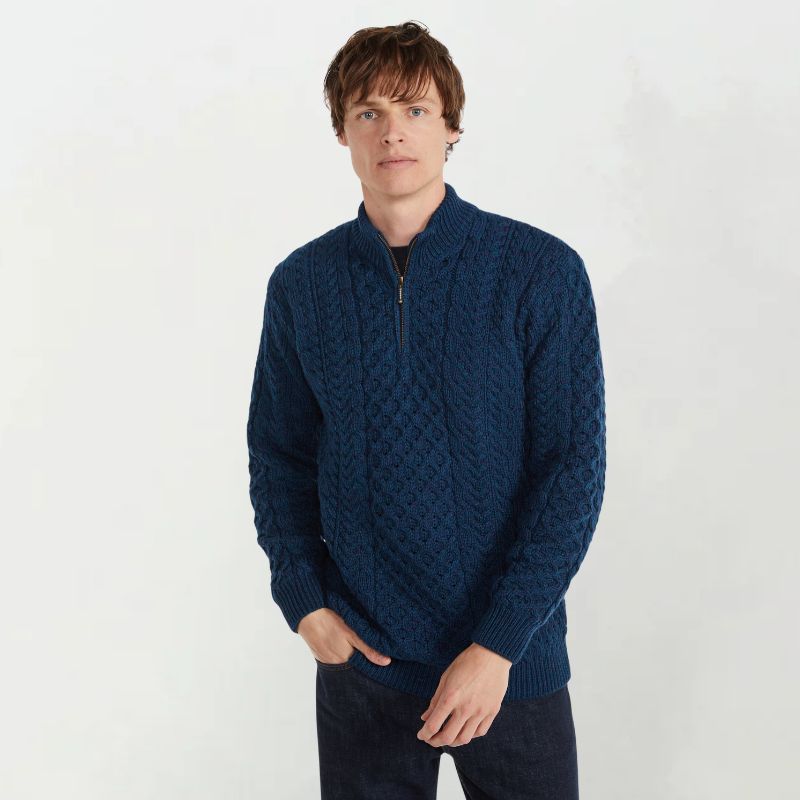 Fine Merino Wool Aran Half Zip Sweater Blue Creative Irish Gifts