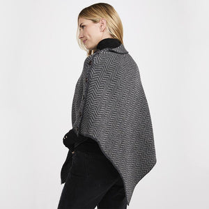 Asymmetrical Herringbone Wool Poncho with Buttons Grey Creative Irish Gifts