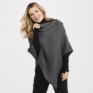 Asymmetrical Herringbone Wool Poncho with Buttons Grey Creative Irish Gifts