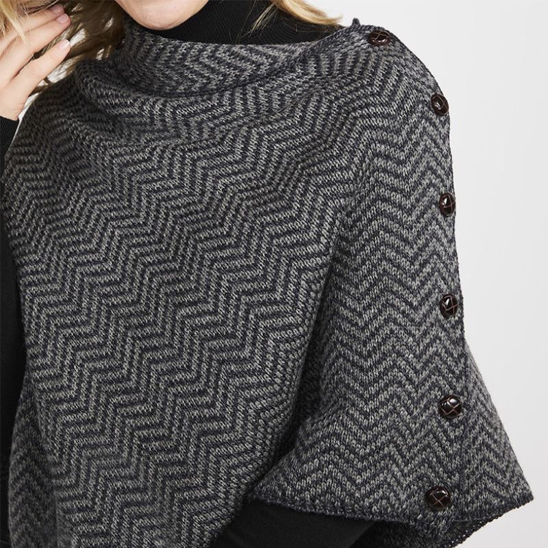 Asymmetrical Herringbone Wool Poncho with Buttons Grey Studio Creative Irish Gifts