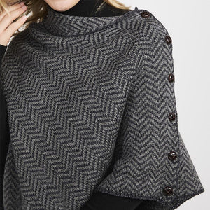 Asymmetrical Herringbone Wool Poncho with Buttons Grey Studio Creative Irish Gifts