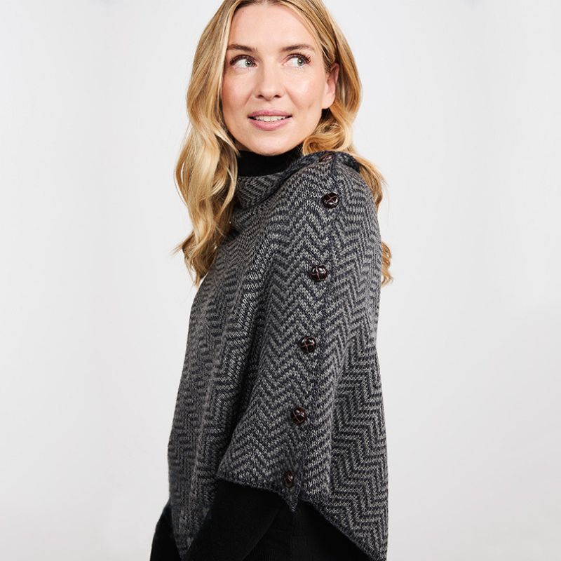 Asymmetrical Herringbone Wool Poncho with Buttons Grey Side View Creative Irish Gifts