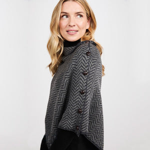 Asymmetrical Herringbone Wool Poncho with Buttons Grey Side View Creative Irish Gifts