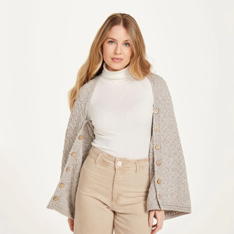 Aran Merino Wool V-Neck Cape Oatemeal front view  Creative Irish Gifts