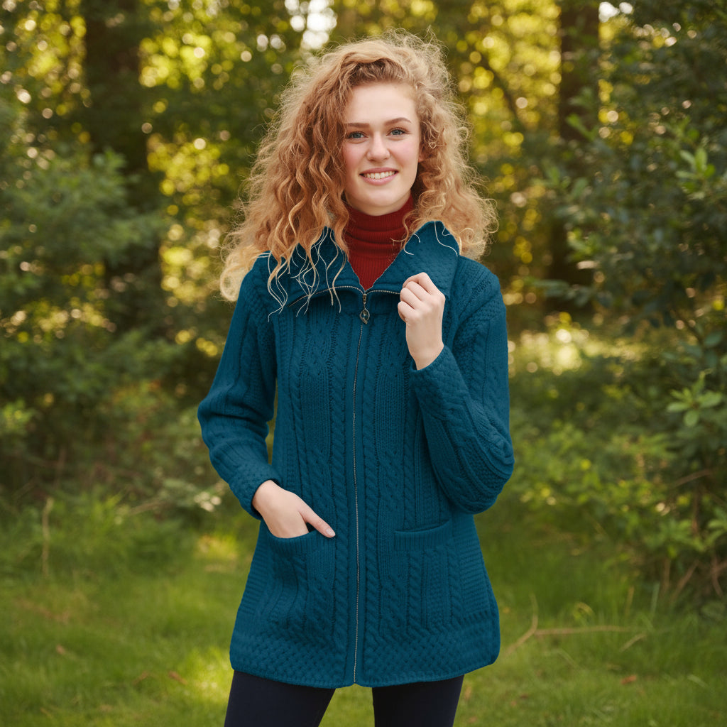 Ladies Aran Merino Wool Zip-Up Coatigan Creative Irish Gift