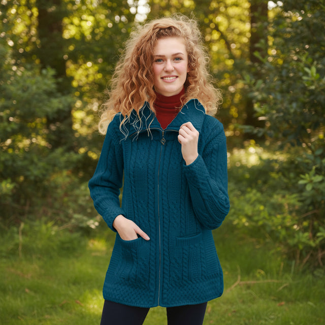 Ladies Aran Merino Wool Zip-Up Coatigan Creative Irish Gift