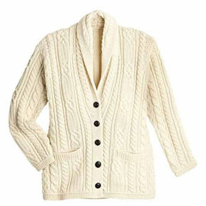 B838206 Merino Wool Irish Cable Button Cardigan, White studio Creative Irish gift