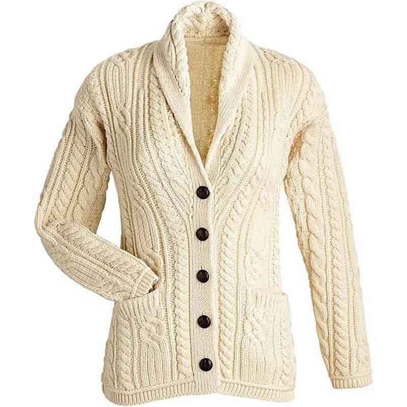 B838206 Merino Wool Irish Cable Button Cardigan, White Creative Irish gift