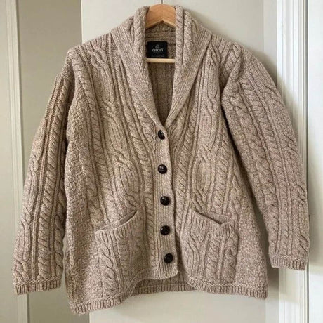 B838077 Merino Wool Irish Cable Button Cardigan, Wicker Creative Irish gift