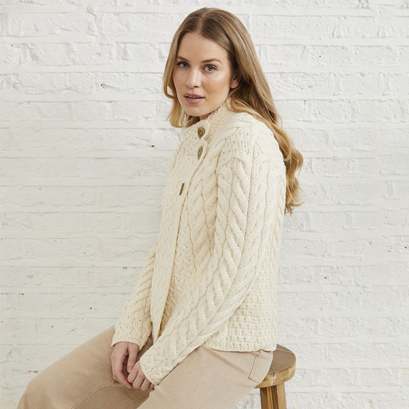Aran SuperSoft Merino Wool Cardigan with Buttons White side view Creative Irish Gift