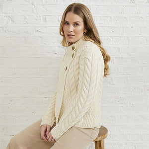 Aran SuperSoft Merino Wool Cardigan with Buttons White side view Creative Irish Gift