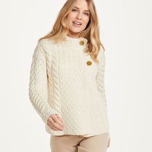 Aran SuperSoft Merino Wool Cardigan with Buttons White front view Creative Irish Gift