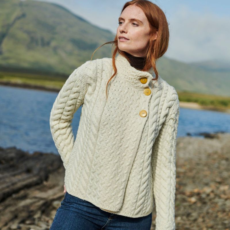 Aran SuperSoft Merino Wool Cardigan with Buttons White Lifestyle Creative Irish Gift
