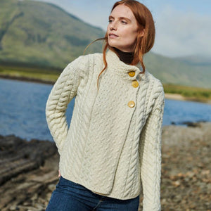 Aran SuperSoft Merino Wool Cardigan with Buttons White Lifestyle Creative Irish Gift