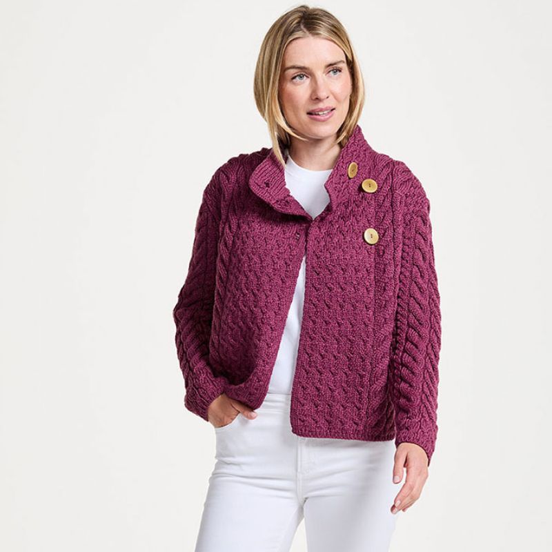 Aran SuperSoft Merino Wool Cardigan with Buttons Red front view Creative Irish Gift