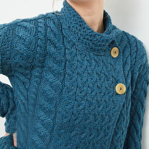 Aran SuperSoft Merino Wool Cardigan with Buttons Blue front view Creative Irish Gift