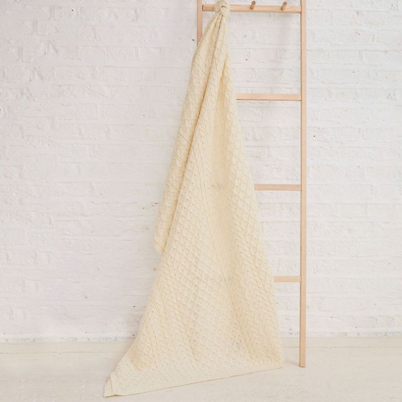 Worsted Wool Aran Knitted Throw White Creative Irish Gifts