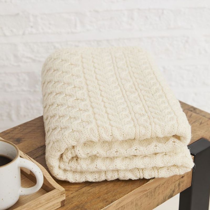 Worsted Wool Aran Knitted Throw White Creative Irish Gifts