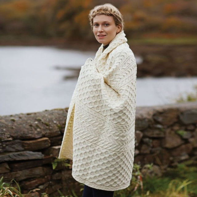 Worsted Wool Aran Knitted Throw White Creative Irish Gifts