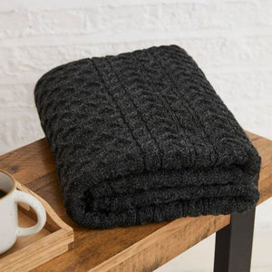 Aran Cable Knit Wool Blanket Charcoal Lifestyle Creative Irish Gift