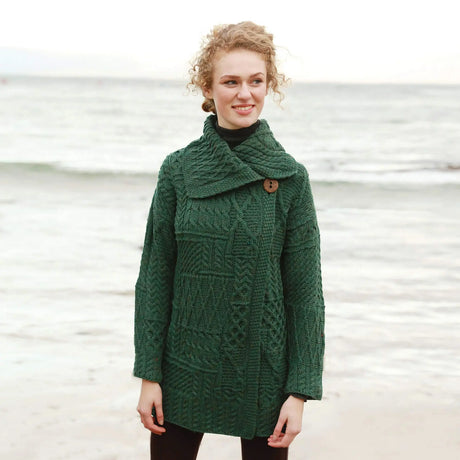 B895403 Aran Knit Patchwork Flap Collar Cardigan, Green Creative Irish Gifts

