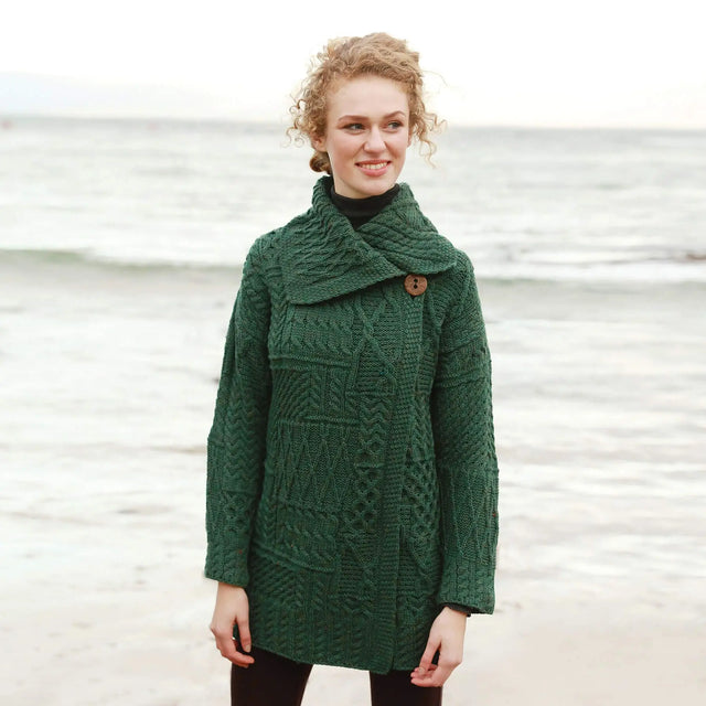 B895403 Aran Knit Patchwork Flap Collar Cardigan, Green Creative Irish Gifts
