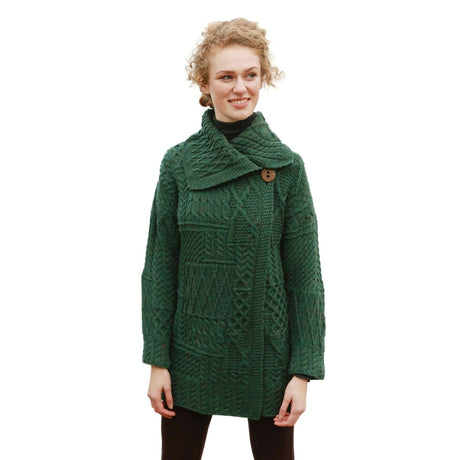 B895403 Aran Knit Patchwork Flap Collar Cardigan, Green Creative Irish gift