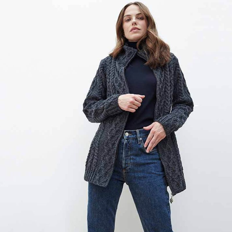Aran Zip Merino Wool Long Cardigan Creative Irish Gifts