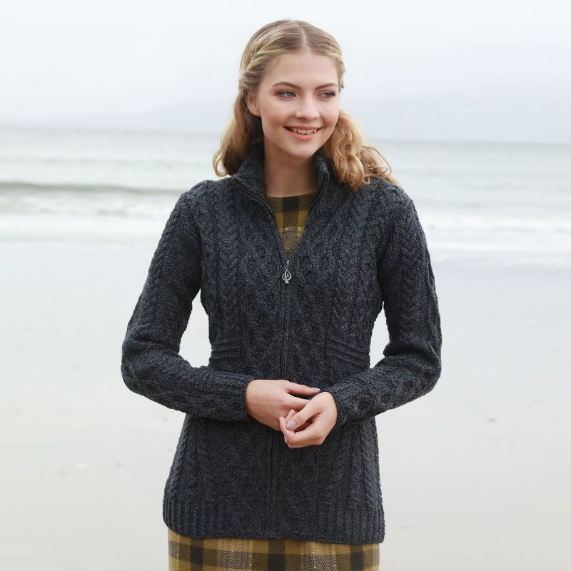 Aran Zip Merino Wool Long Cardigan Debry Purple Creative Irish Gifts