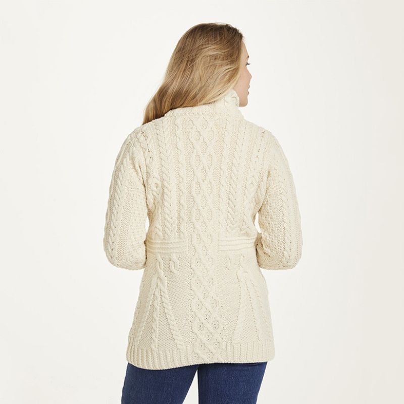 Aran Zip Merino Wool Long Cardigan White back view Creative Irish Gifts
