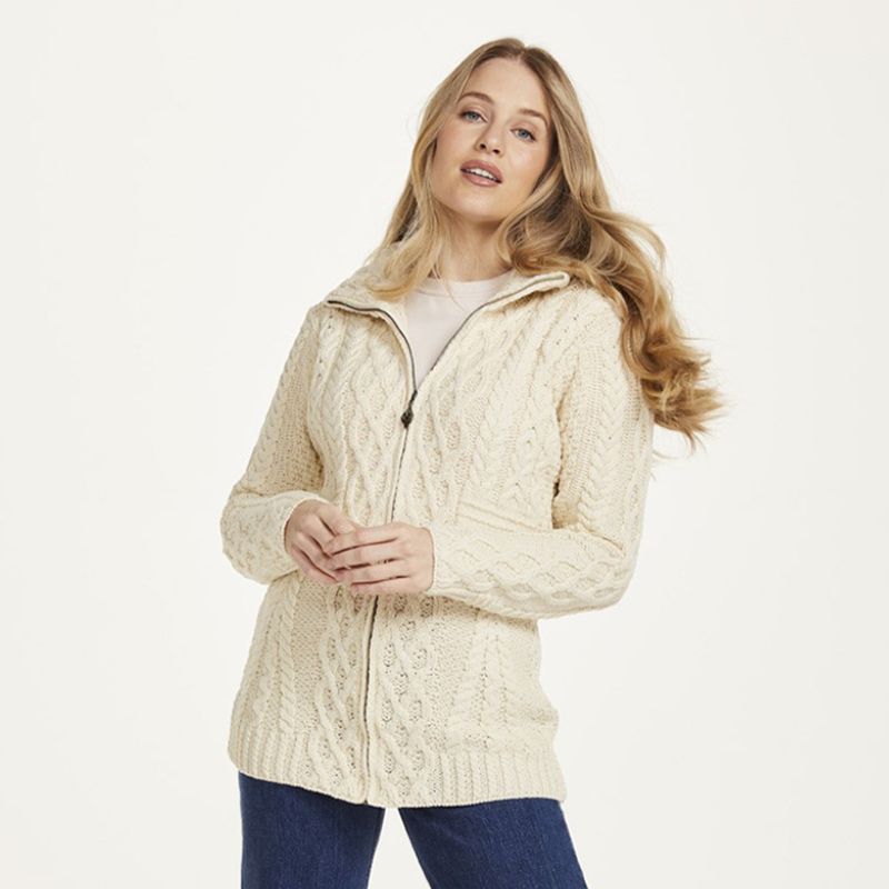 Aran Zip Merino Wool Long Cardigan White Creative Irish Gifts