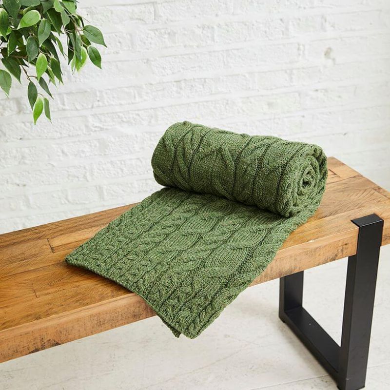 SuperSoft Merino Cable Knit Aran Blanket, Green Creative Irish Gifts