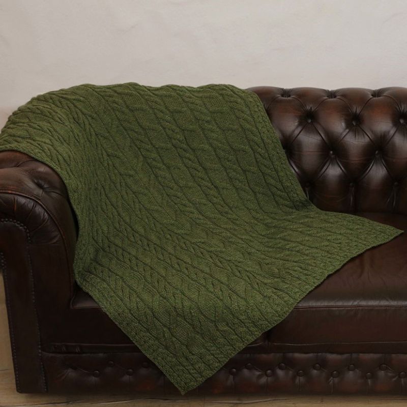 SuperSoft Merino Cable Knit Aran Blanket, Green Creative Irish Gifts