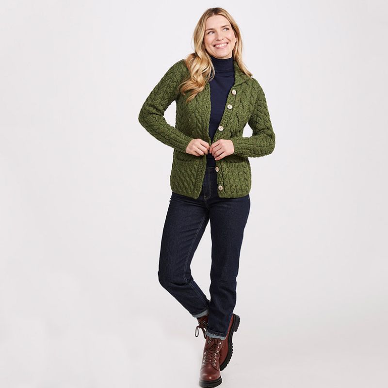 Aran Knit Button Front Cardigan- Green Creative Irish Gifts
