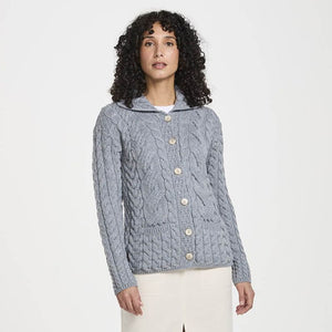 Aran Knit Button Front Cardigan- Grey front view Creative Irish Gifts
