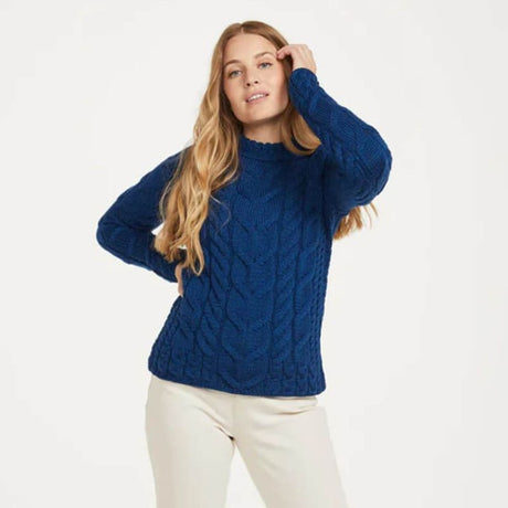 Women's Aran Knit Cable Sweater, Blue Creative Irish gift