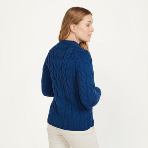 Women's Aran Knit Cable Sweater, Blue Back View Creative Irish gift