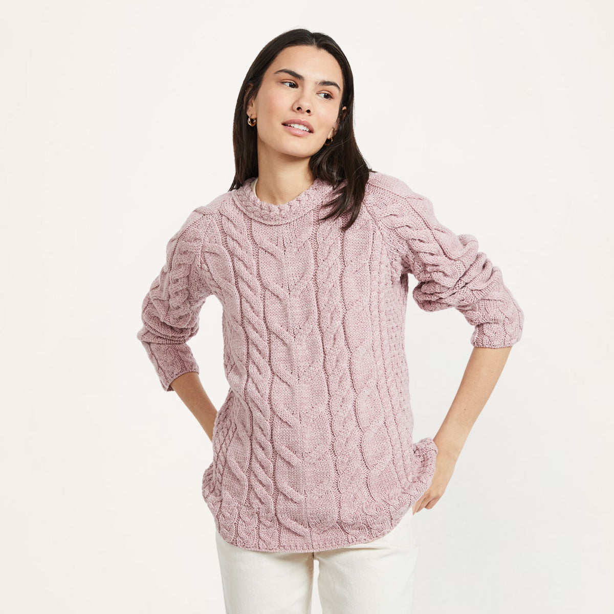 Women's Aran Knit Cable Sweater, Pink Front View Creative Irish gift