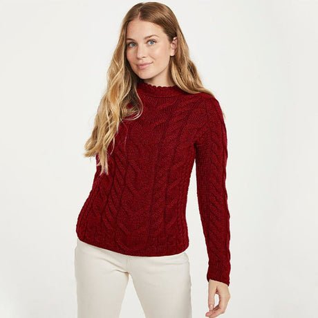 Women's Aran Knit Cable Sweater, Red Creative Irish gift