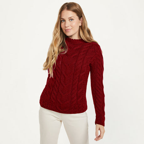 Women's Aran Knit Cable Sweater, Red Creative Irish gift