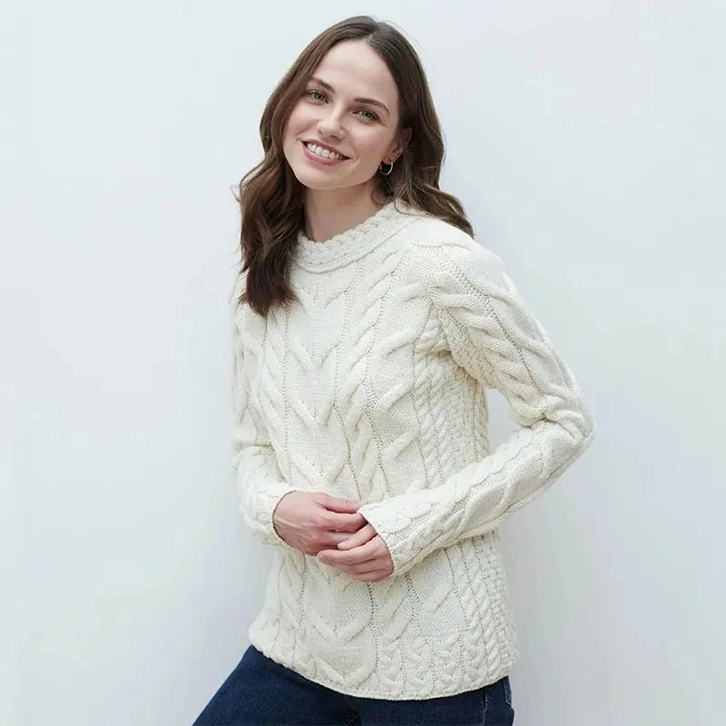 B951367 Women's Aran Knit Cable Sweater, Oatmeal Creative Irish Gifts
