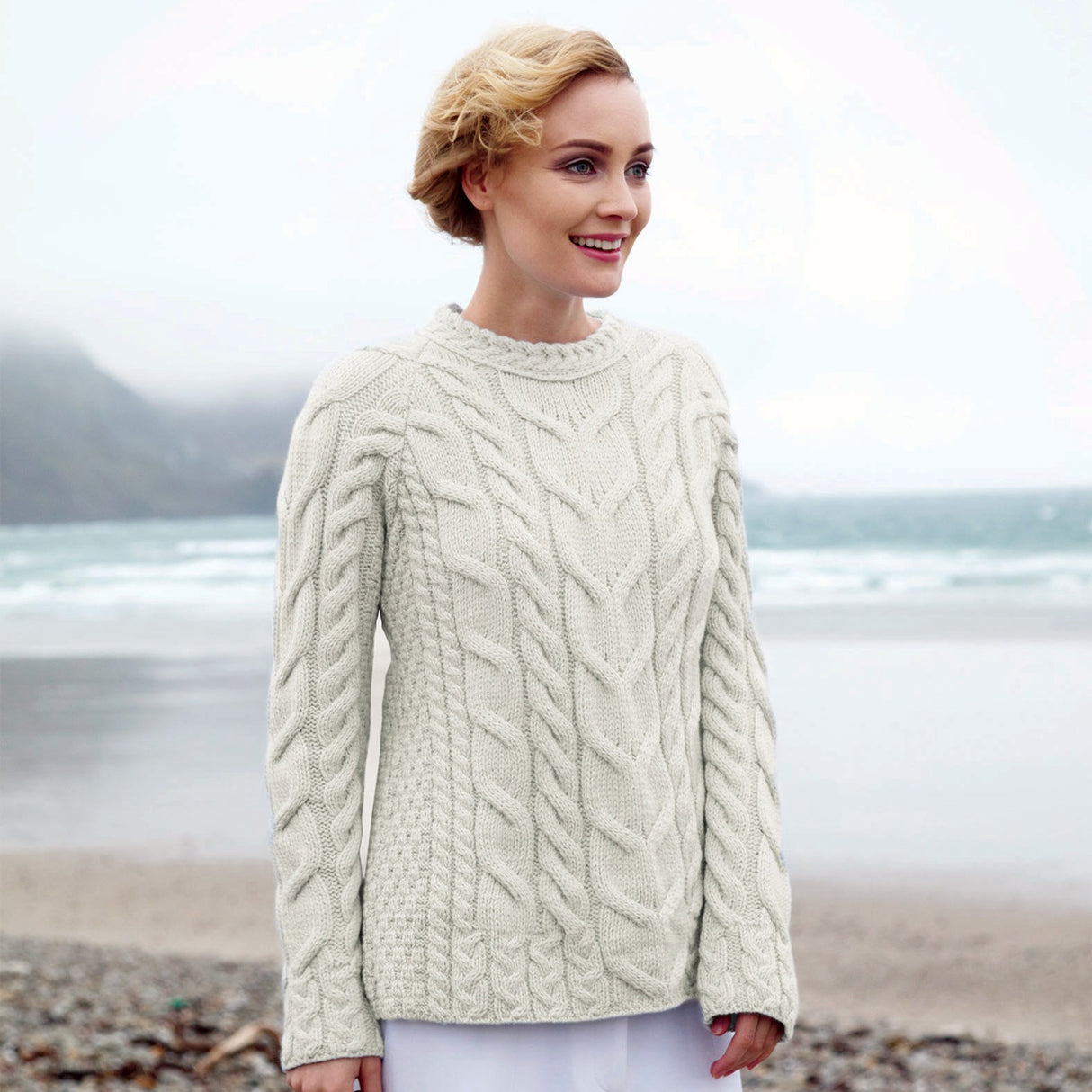 B951367 Women's Aran Knit Cable Sweater, Oatmeal Creative Irish gift.
