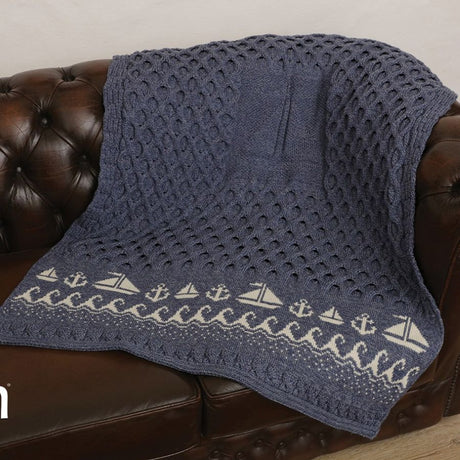 CA748 Merino Wool Irish Throw with Sailing Boat Design Creative Irish gift.